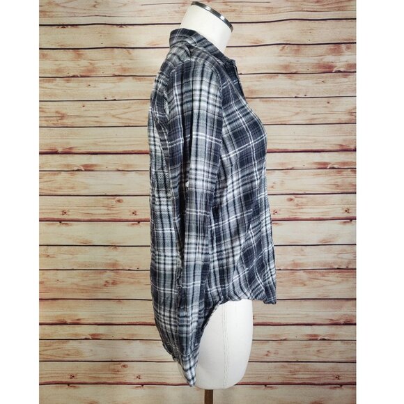 Grey GAP Plaid Flannel Roll Tab 3/4 Sleeve Blouse with Silver Accent Thread - Picture 3 of 11